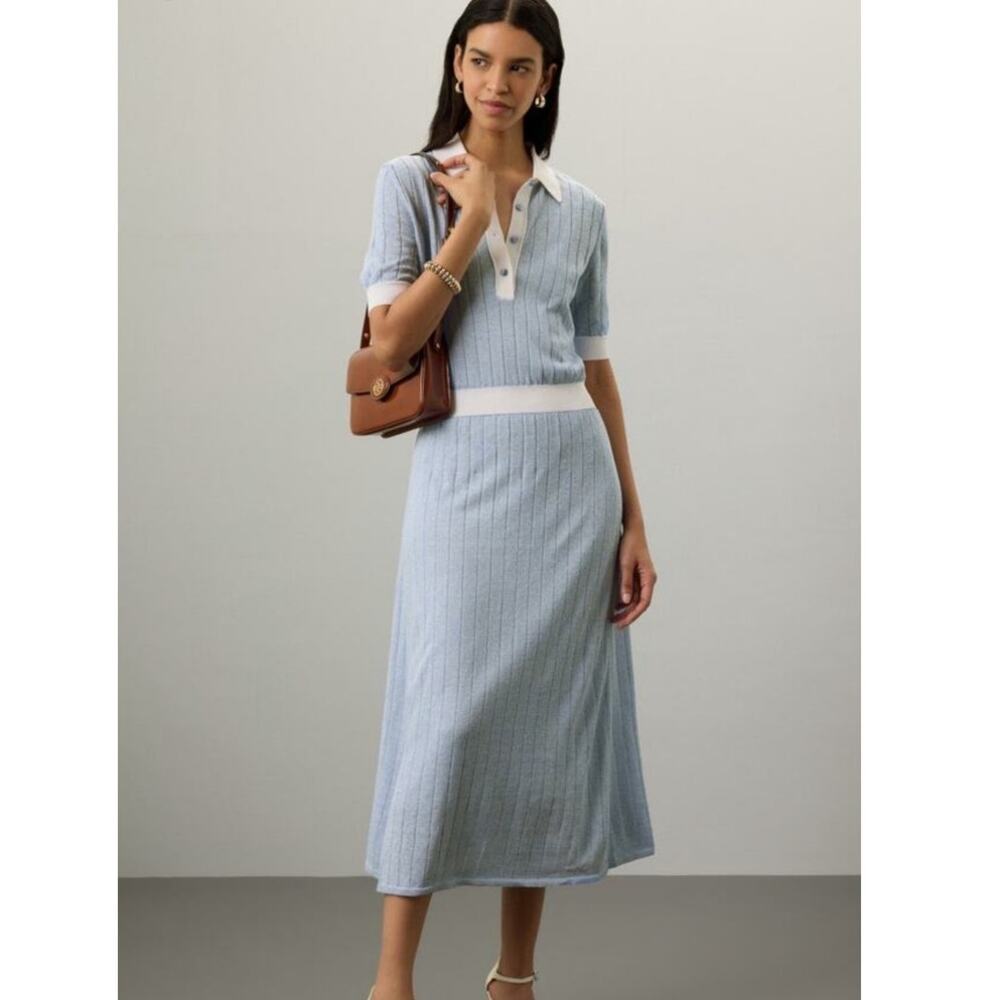 BOSS Light Blue Collared Short Sleeve Front Button Polo Knit Midi Dress Size